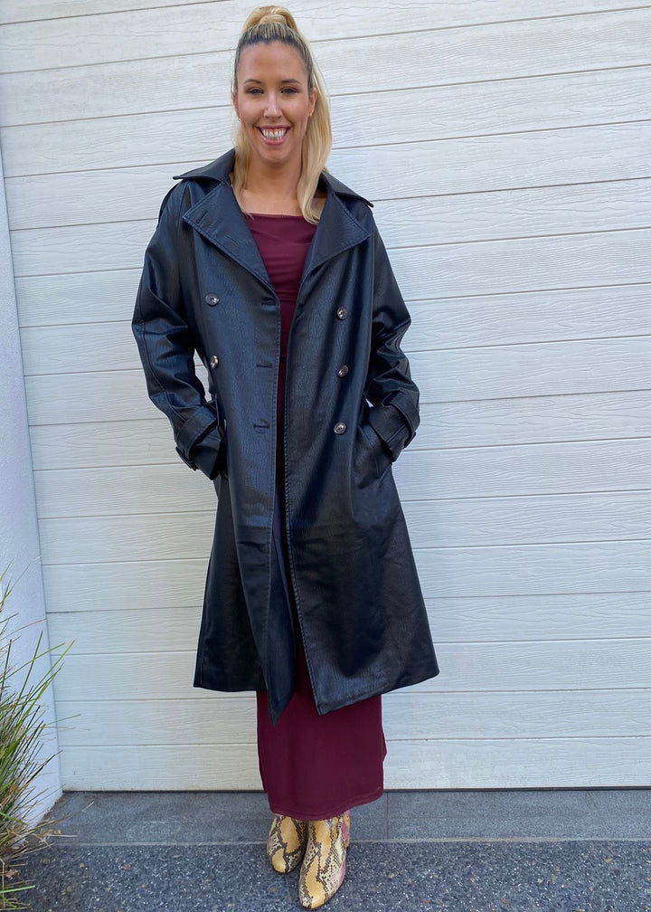 Ella Leather look Trench - Black