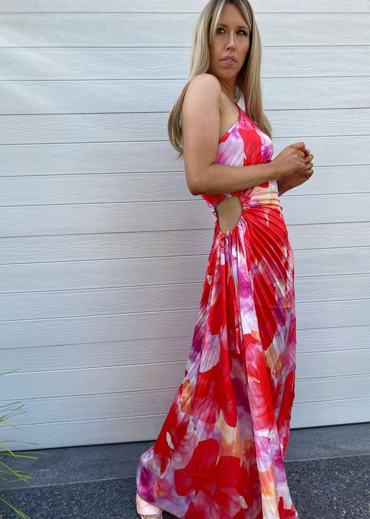 Camelia pleat dress - Pink and red floral print
