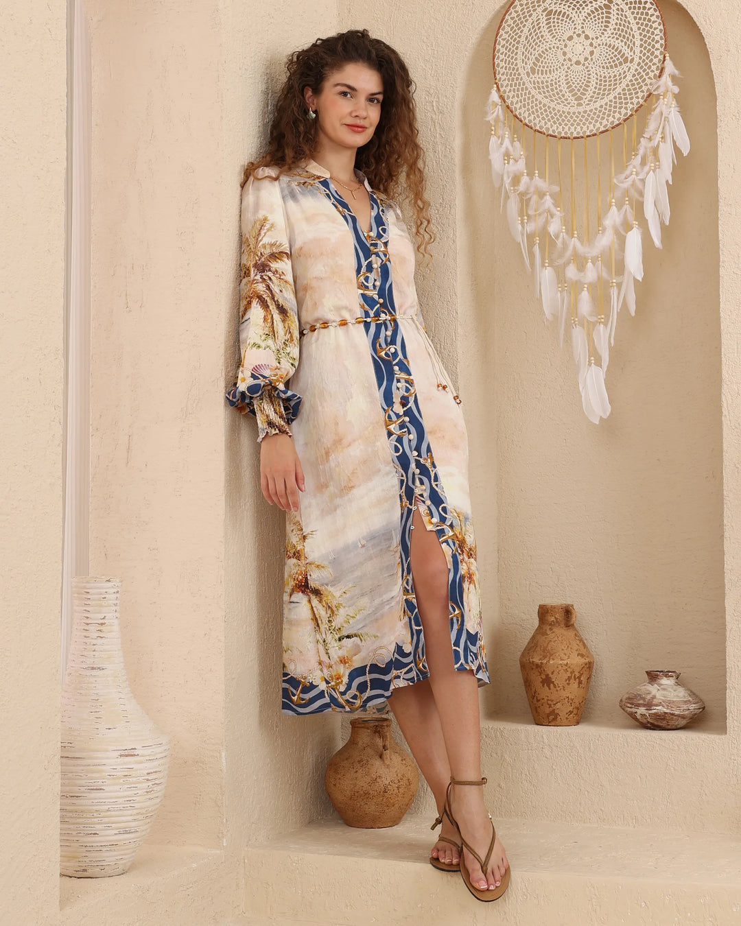 Coastal Print Midi Shirt Dress - Riviera