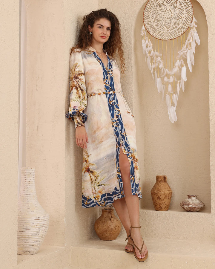 Coastal Print Midi Shirt Dress - Riviera