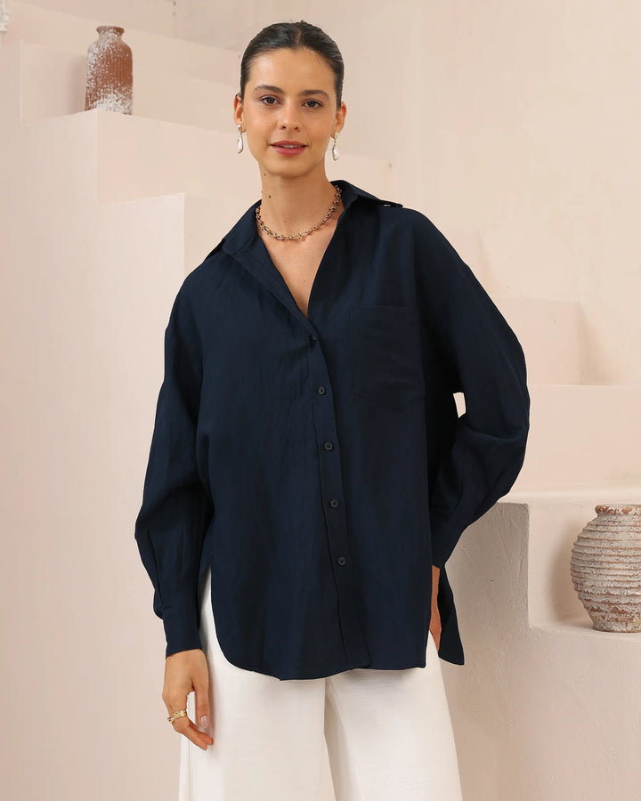Oversized Linen-Blend Button-Up Shirt — Navy Blue