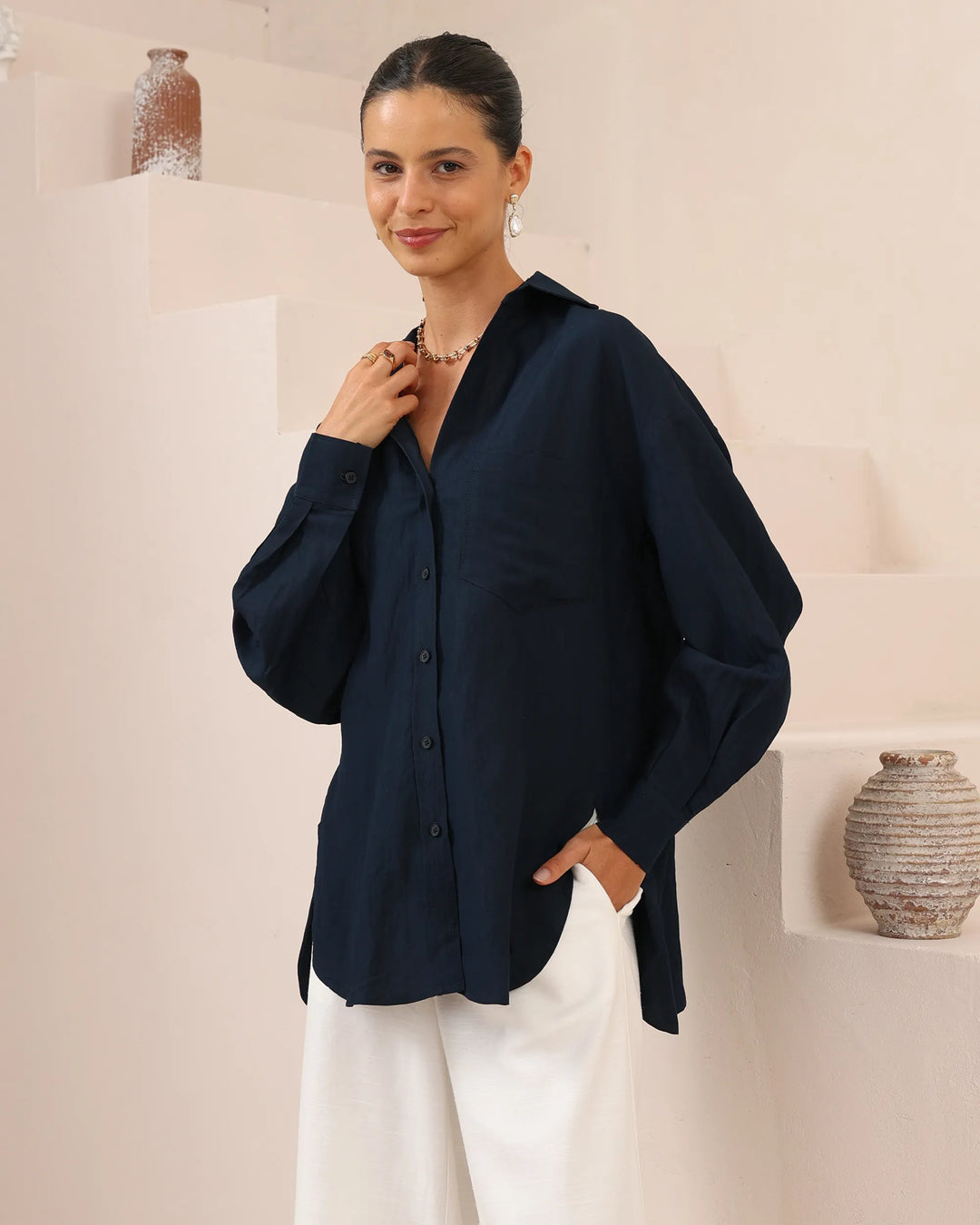 Oversized Linen-Blend Button-Up Shirt — Navy Blue