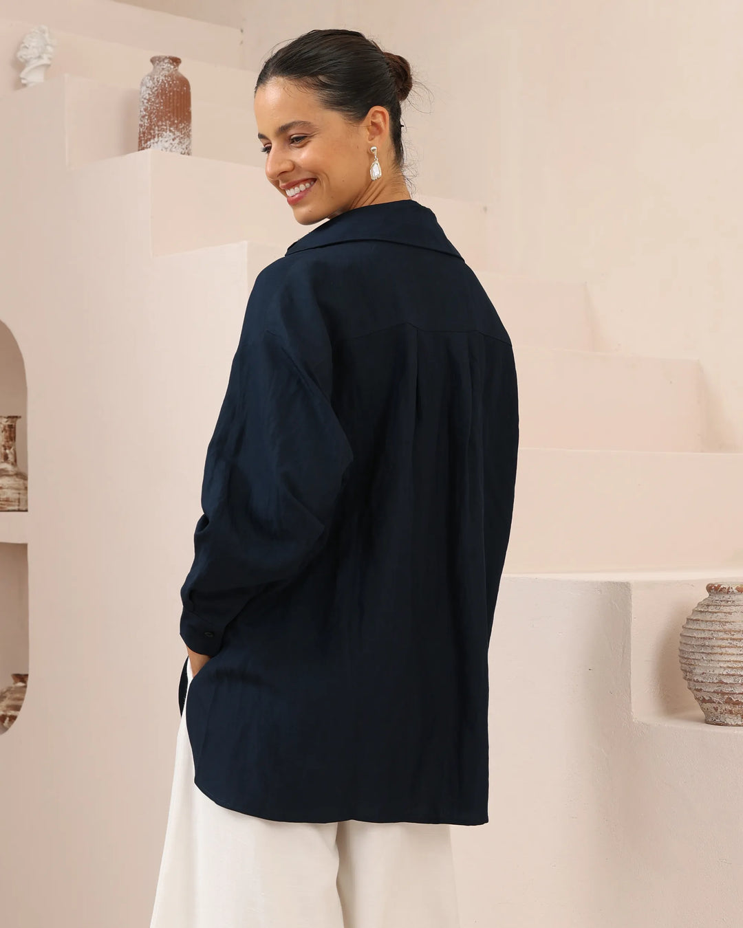 Oversized Linen-Blend Button-Up Shirt — Navy Blue