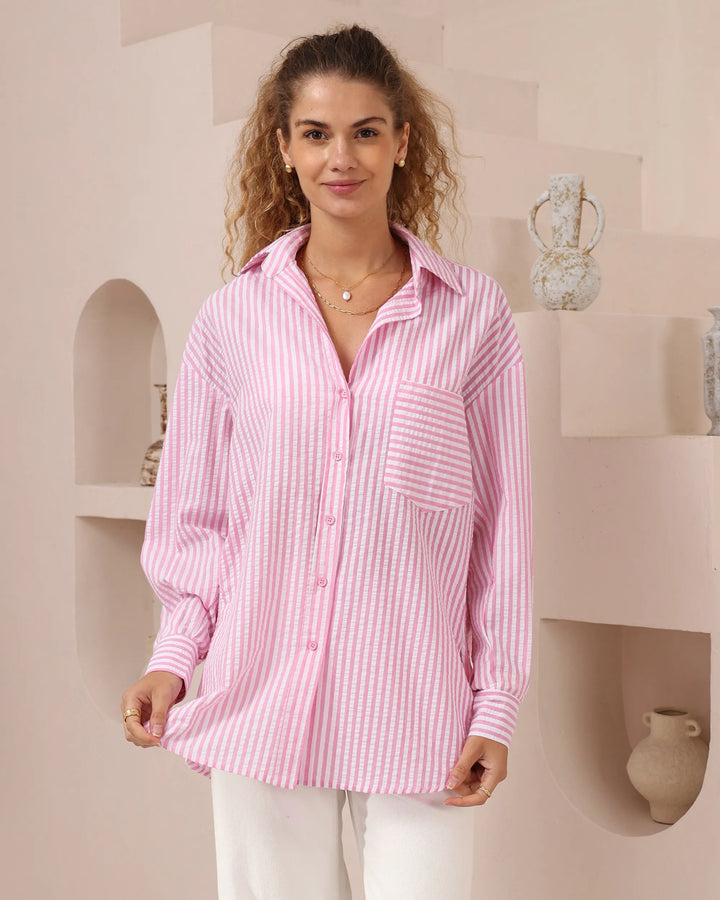 Oversized Linen-Blend Button-Up Shirt — Pink Stripe
