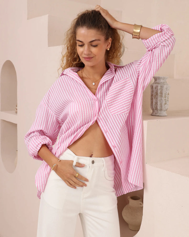 Oversized Linen-Blend Button-Up Shirt — Pink Stripe