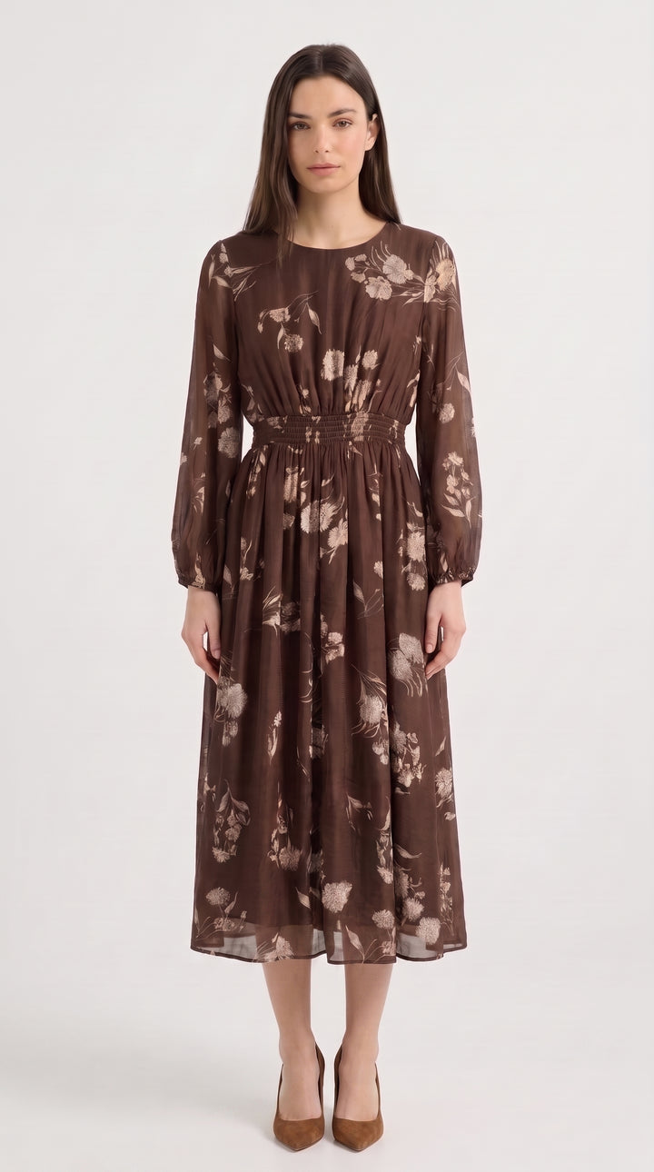 Brown Floral Print Sheer Sleeve Midi Dress