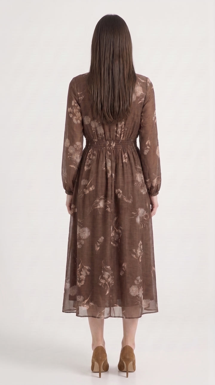 Brown Floral Print Sheer Sleeve Midi Dress