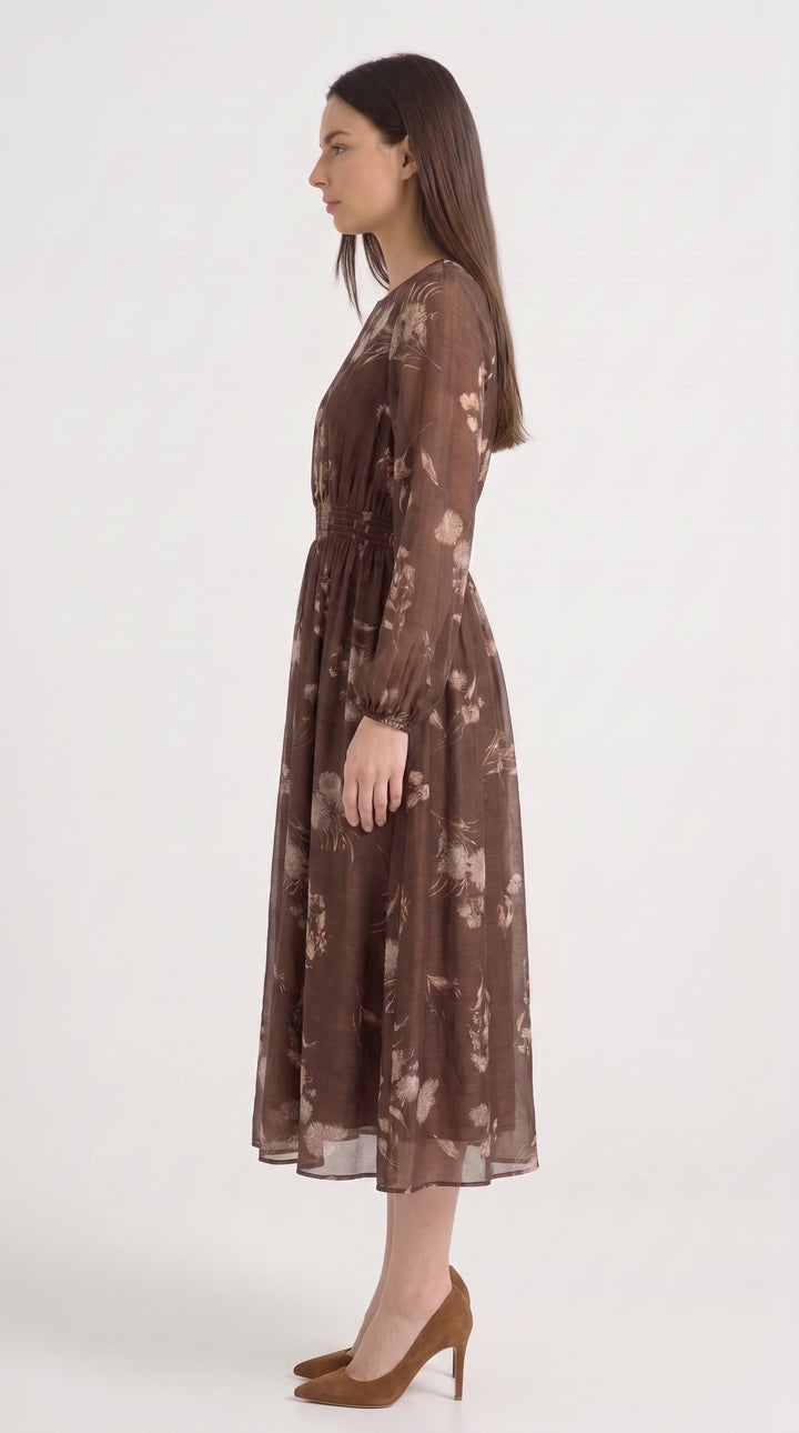 Brown Floral Print Sheer Sleeve Midi Dress