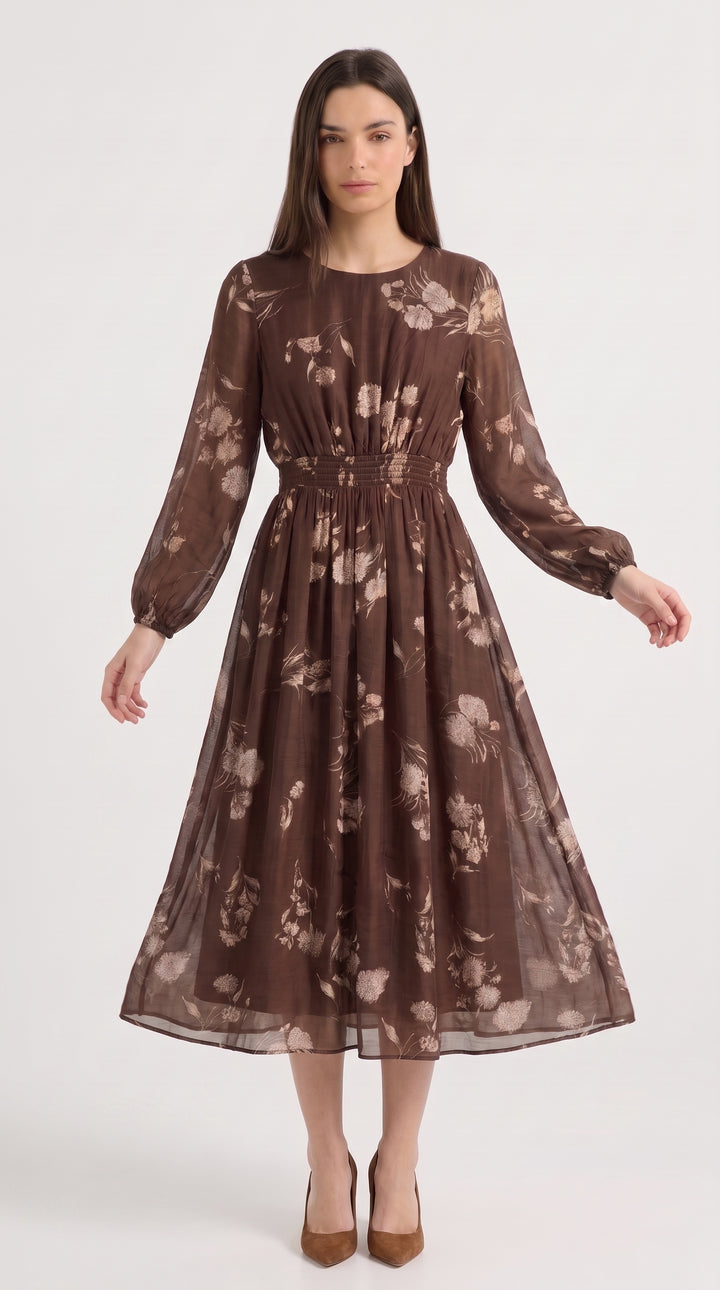 Brown Floral Print Sheer Sleeve Midi Dress