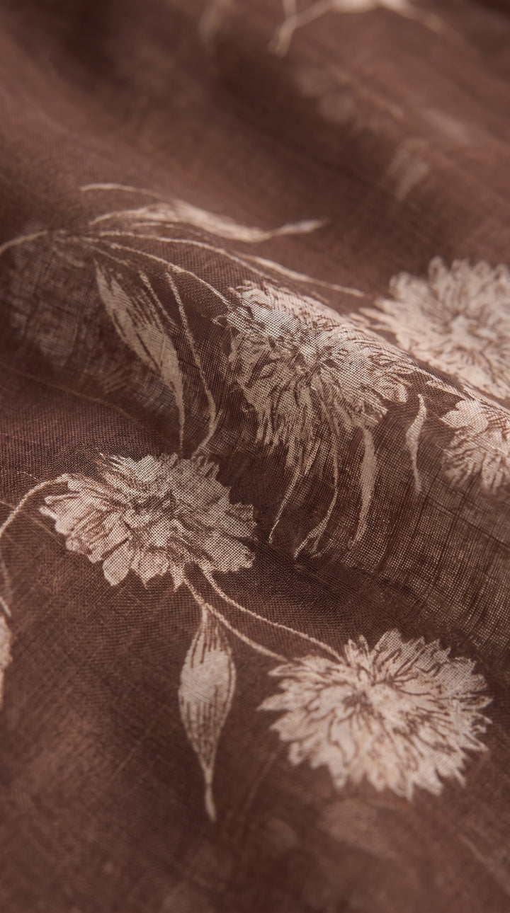 Brown Floral Print Sheer Sleeve Midi Dress