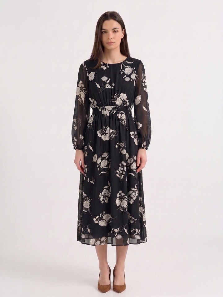 Floral Sheer-Sleeve Dress - Black