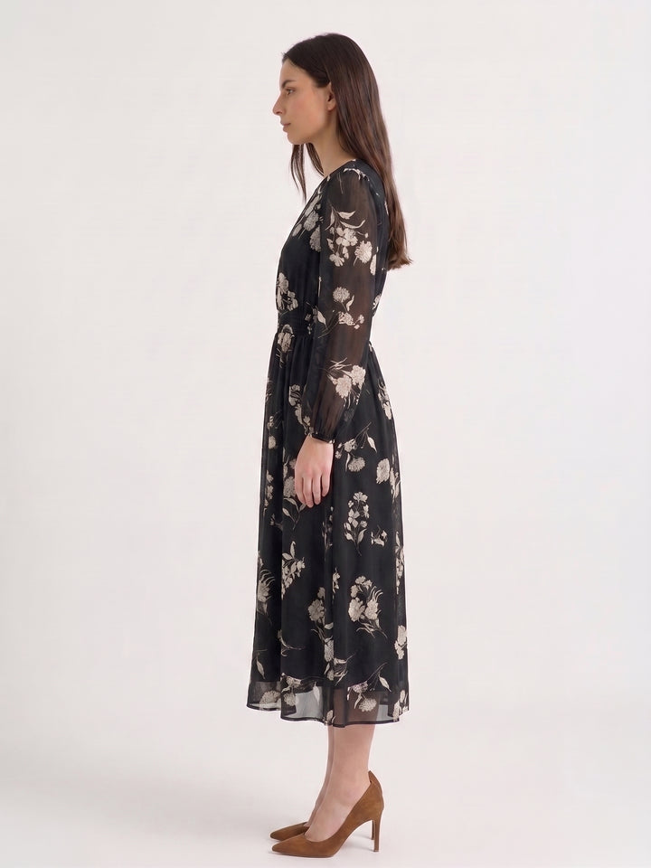 Floral Sheer-Sleeve Dress - Black