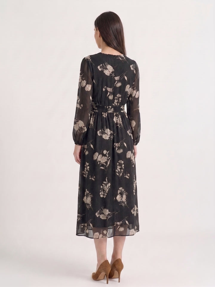 Floral Sheer-Sleeve Dress - Black