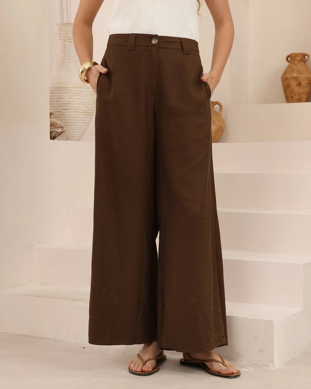 Wide-Leg Tailored Pants — Chocolate Brown