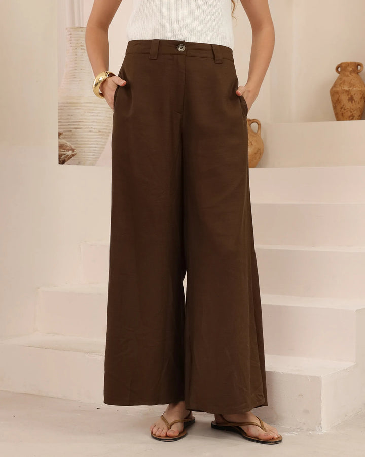 Wide-Leg Tailored Pants — Chocolate Brown