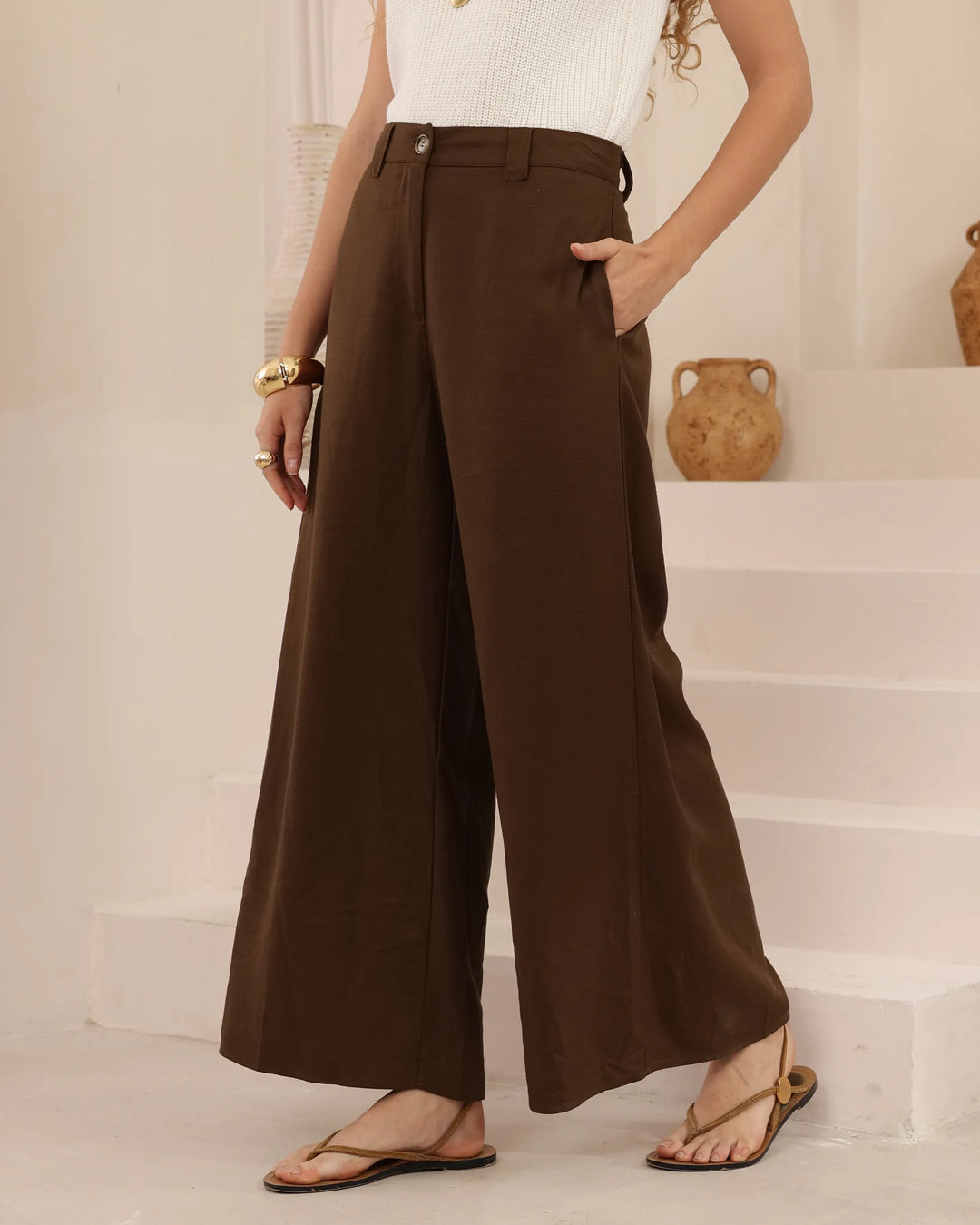 Wide-Leg Tailored Pants — Chocolate Brown