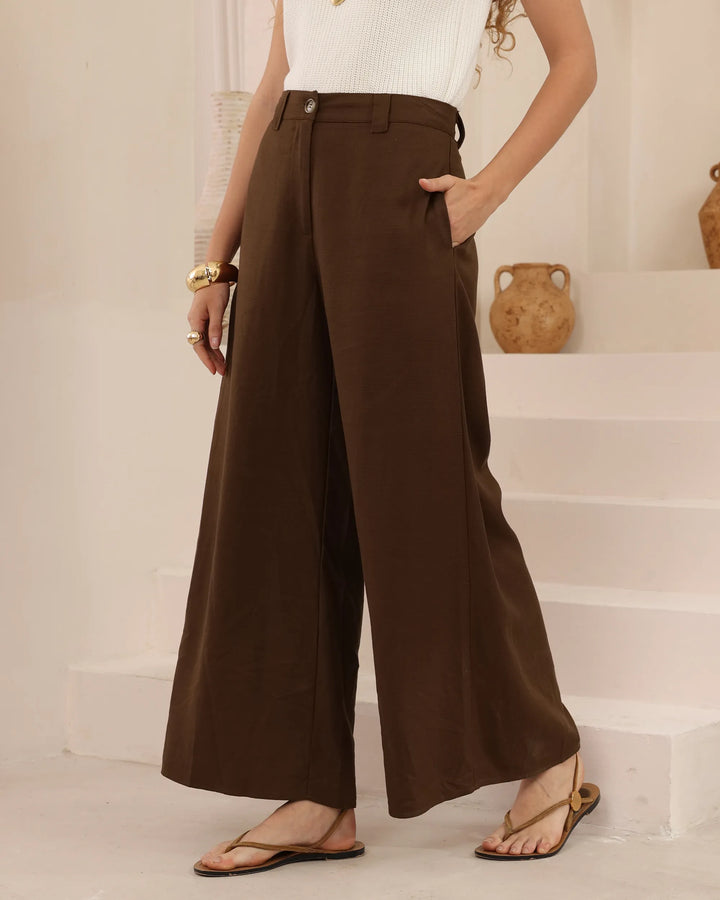 Wide-Leg Tailored Pants — Chocolate Brown