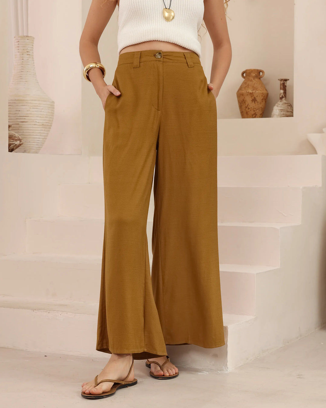 Wide-Leg Tailored Pants — Mustard