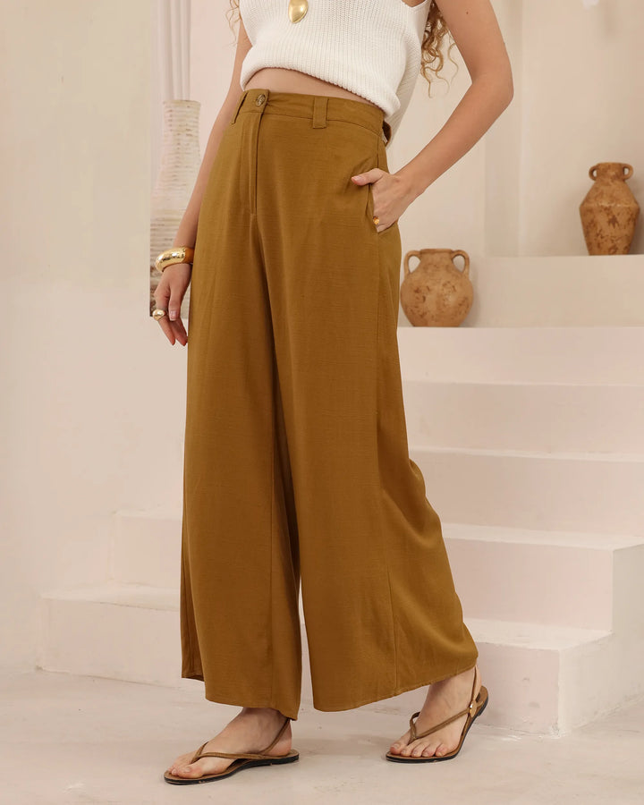 Wide-Leg Tailored Pants — Mustard