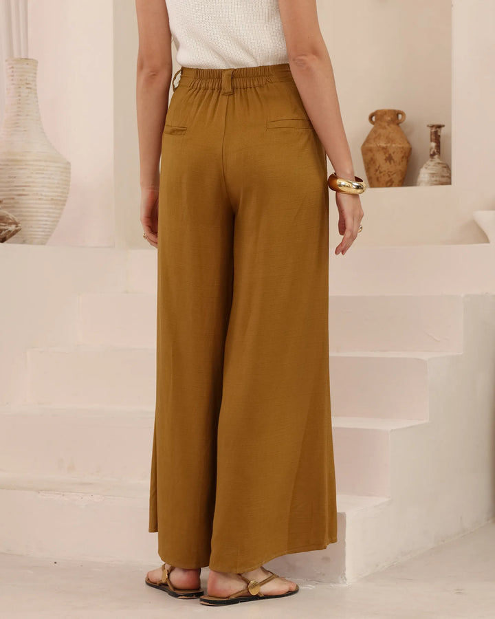 Wide-Leg Tailored Pants — Mustard