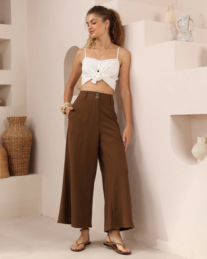 Wide-Leg Linen Pants — Camel