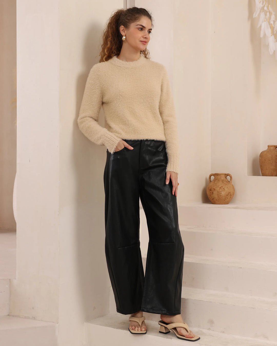 Luxe Mohair-Look Crew Neck Sweater — Beige