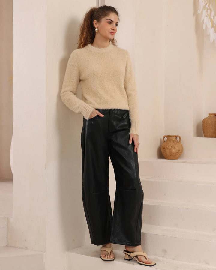 Luxe Mohair-Look Crew Neck Sweater — Beige