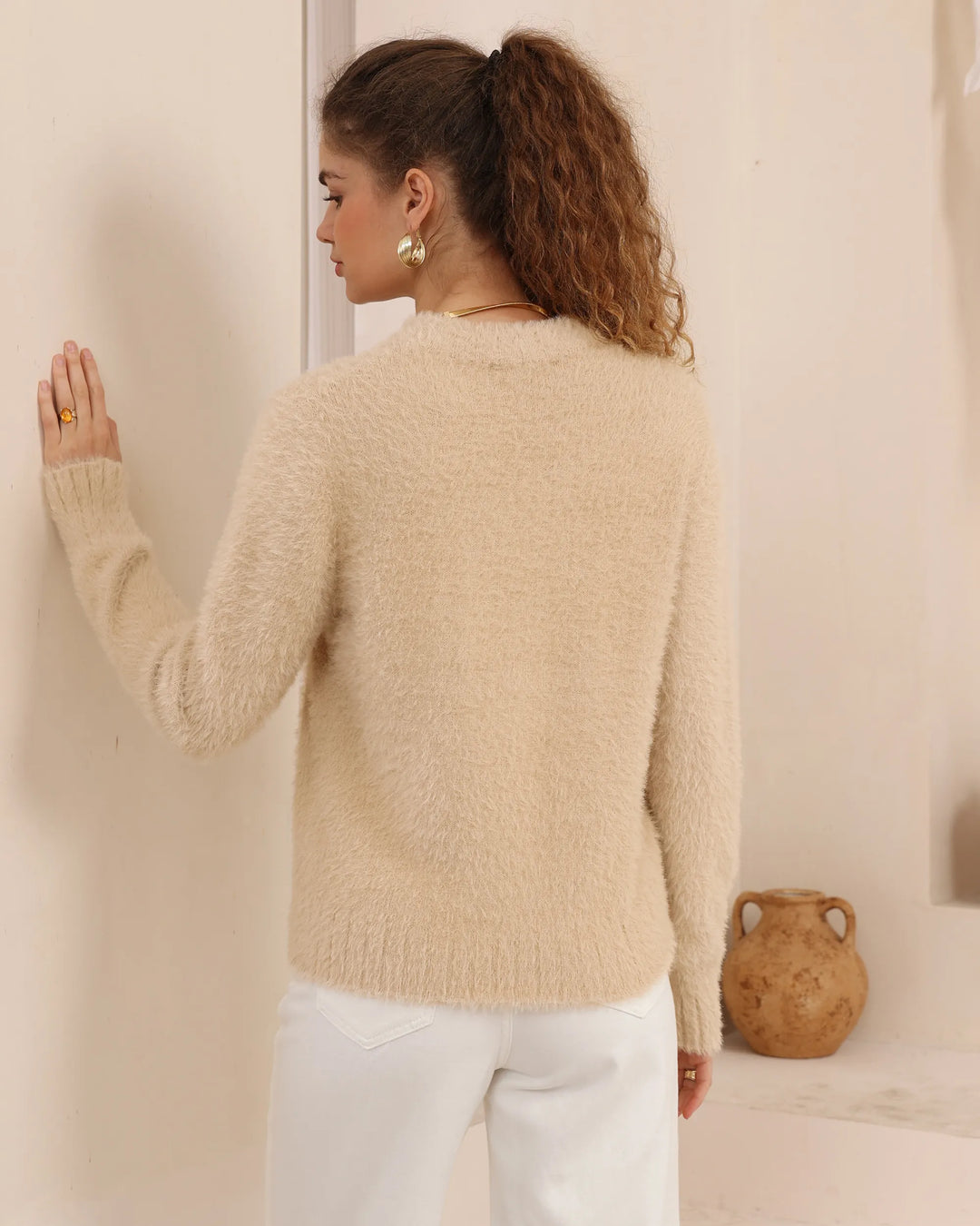 Luxe Mohair-Look Crew Neck Sweater — Beige