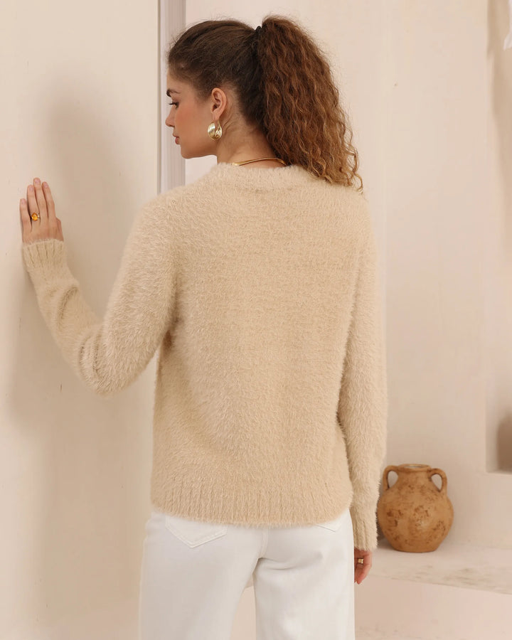 Luxe Mohair-Look Crew Neck Sweater — Beige