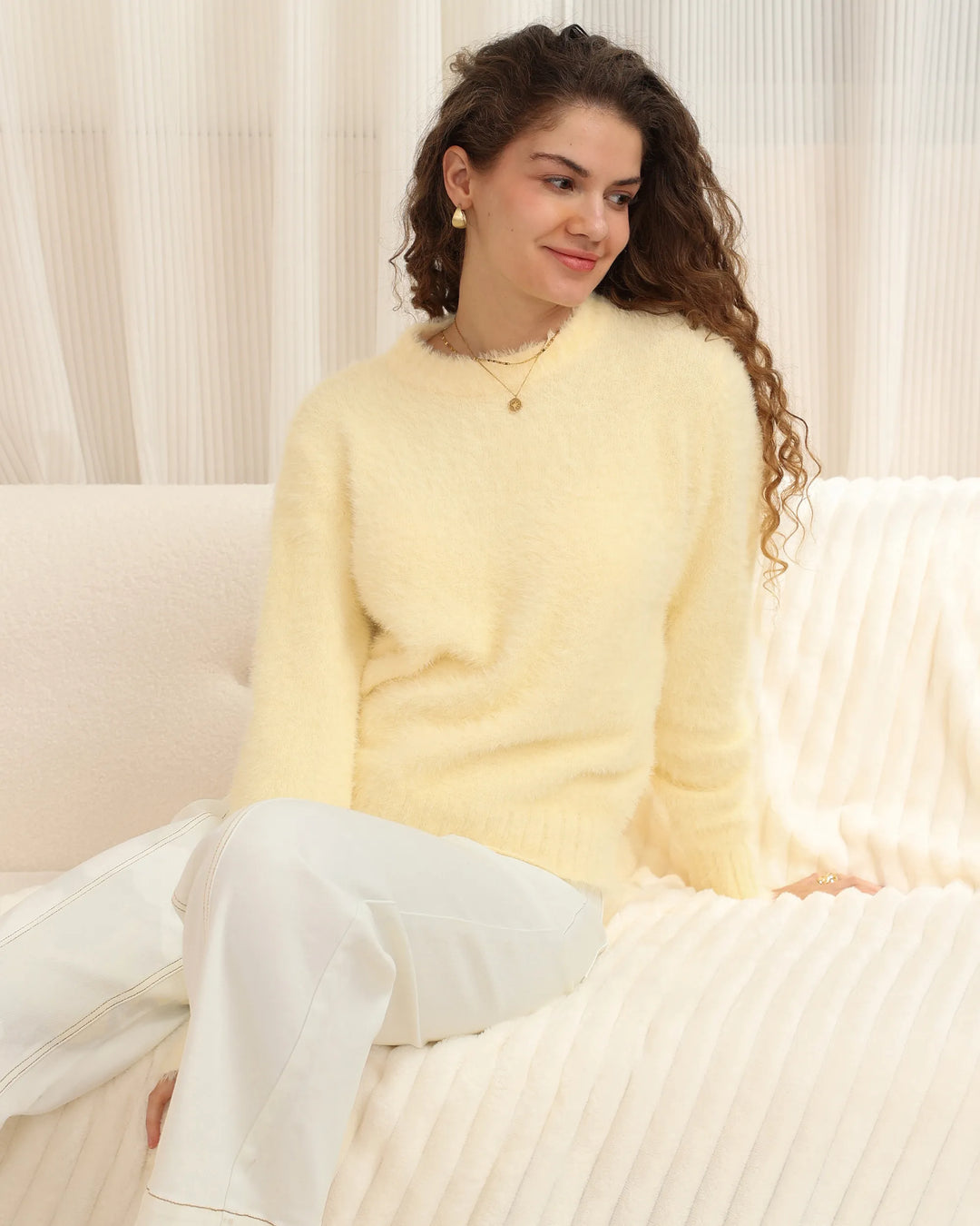 Luxe Mohair-Look Crew Neck Sweater — Butter Yellow