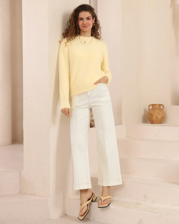 Luxe Mohair-Look Crew Neck Sweater — Butter Yellow