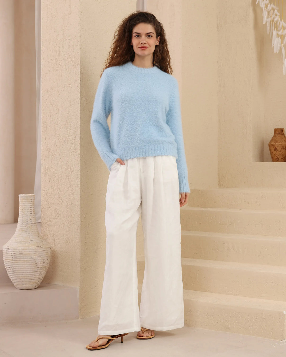 Luxe Mohair-Look Crew Neck Sweater — Light Blue