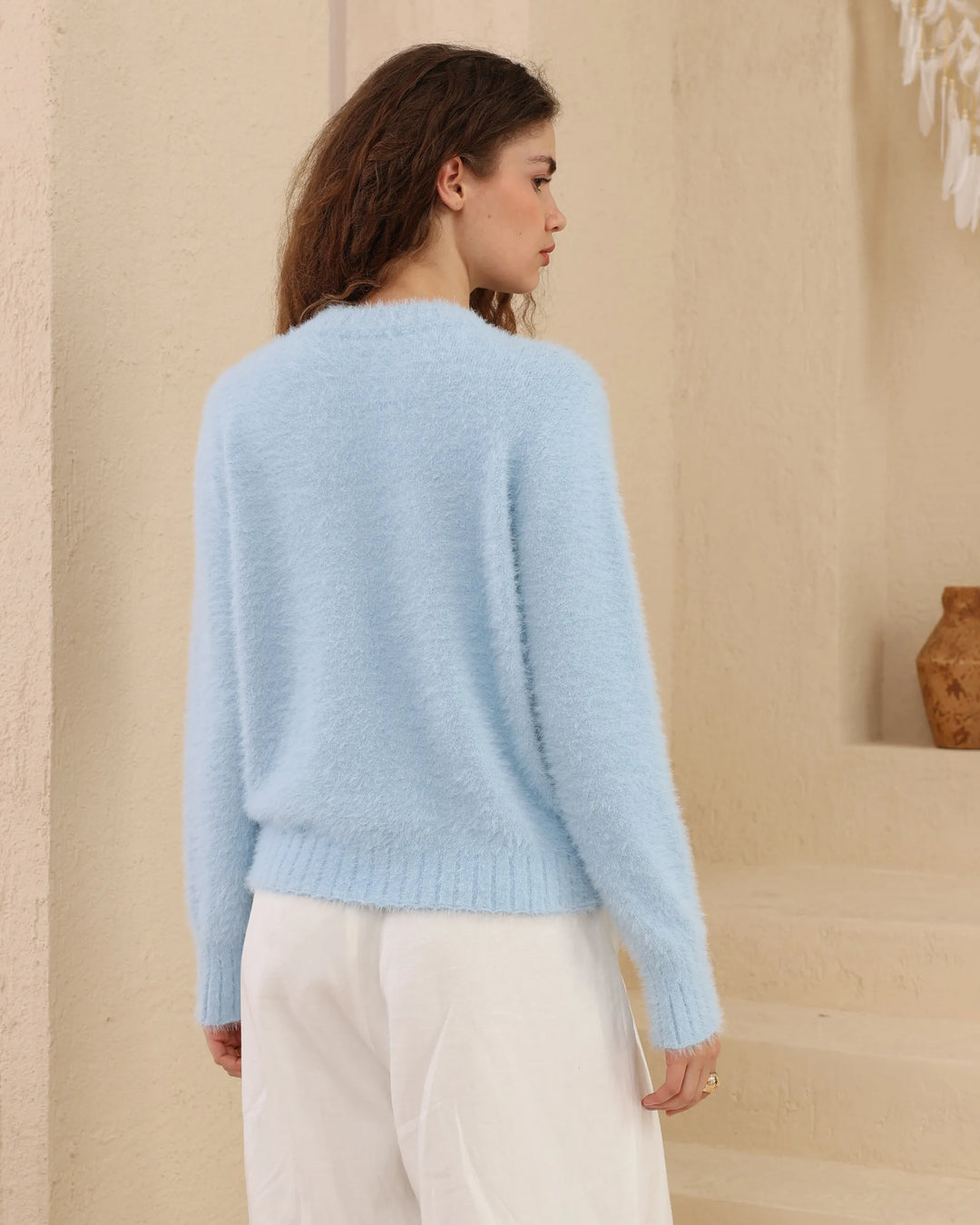 Luxe Mohair-Look Crew Neck Sweater — Light Blue