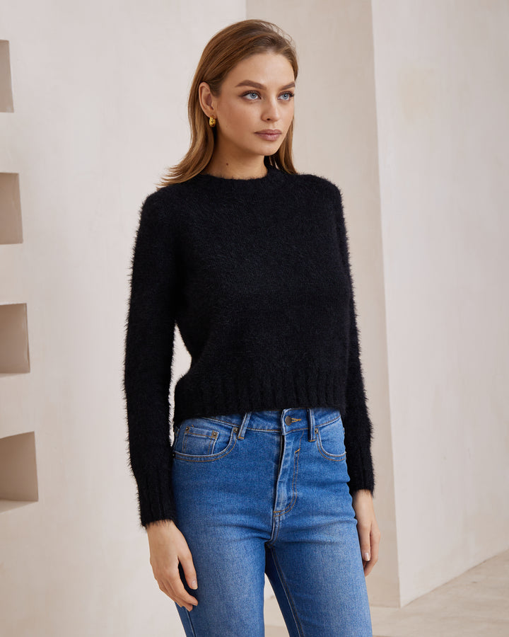 Luxe Mohair-Look Crew Neck Sweater — Black