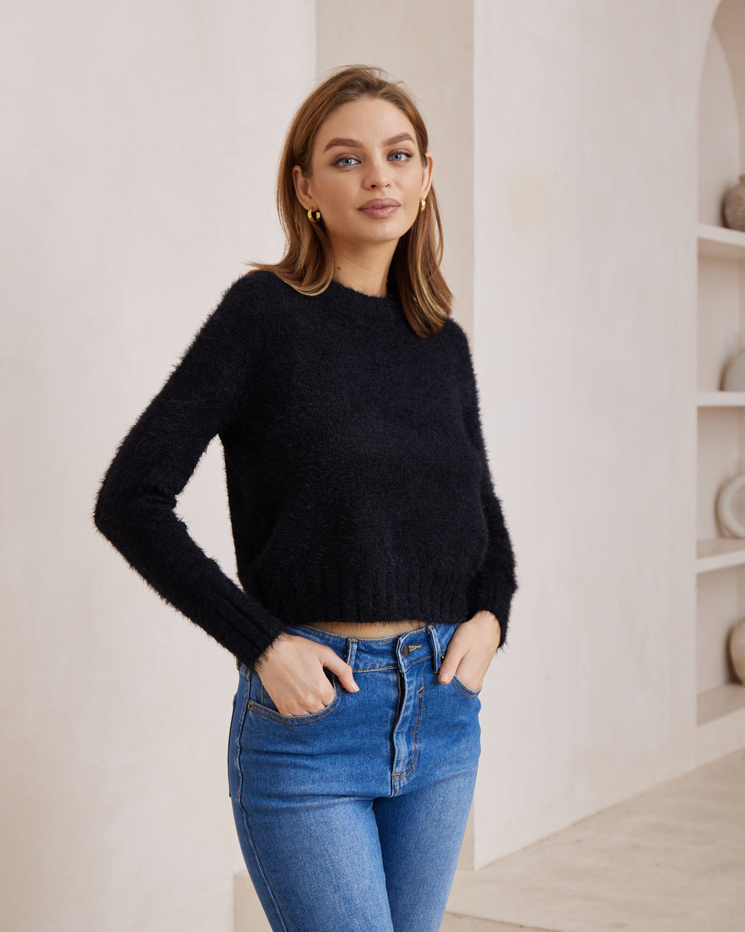 Luxe Mohair-Look Crew Neck Sweater — Black