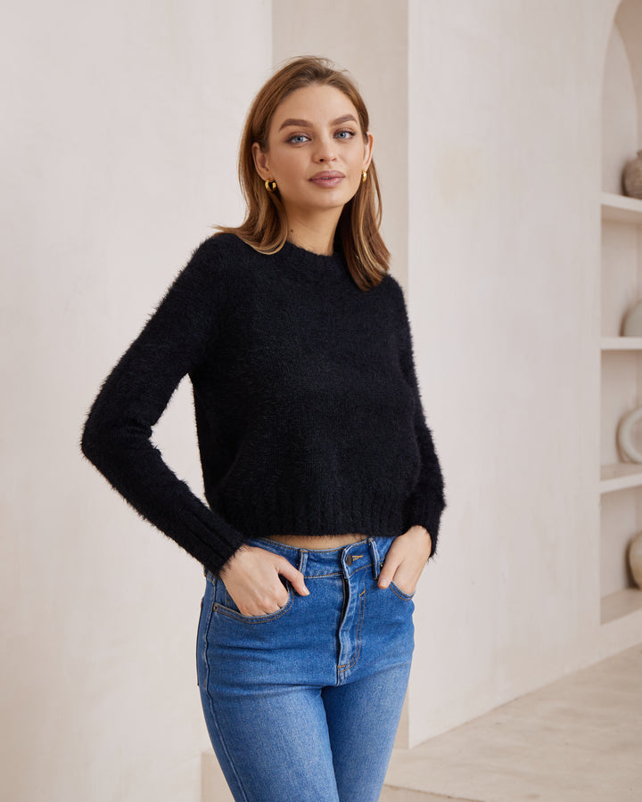 Luxe Mohair-Look Crew Neck Sweater — Black