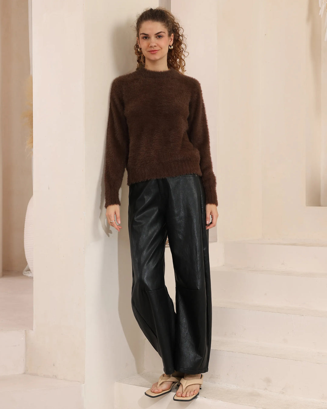 Luxe Mohair-Look Crew Neck Sweater - Chocolate