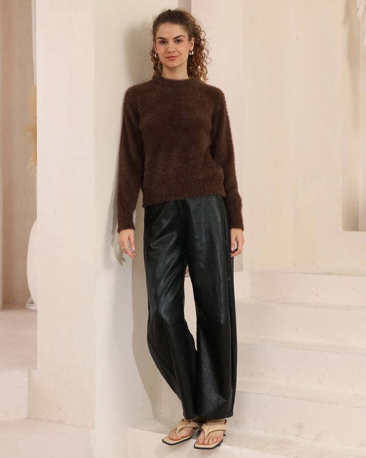 Luxe Mohair-Look Crew Neck Sweater - Chocolate
