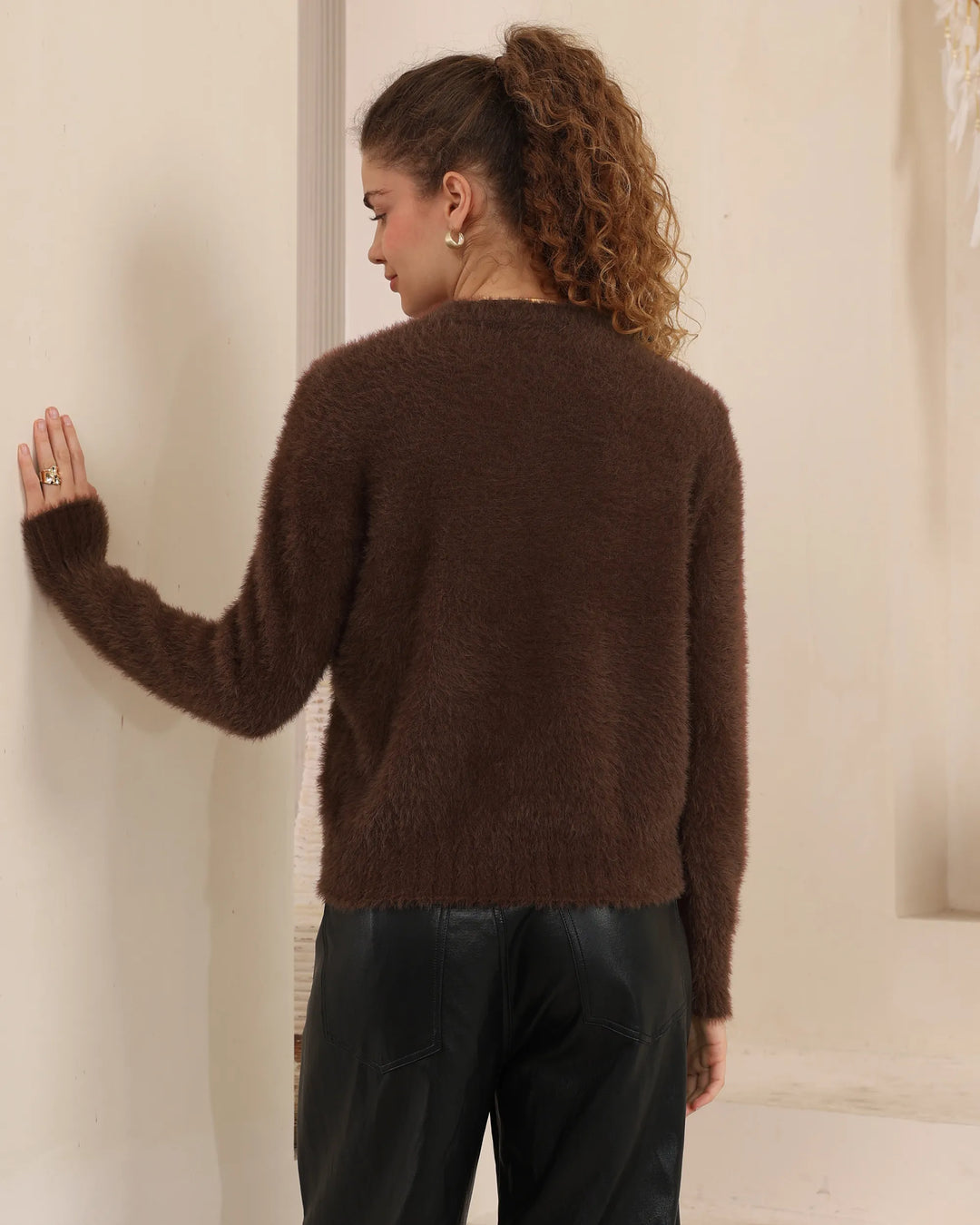 Luxe Mohair-Look Crew Neck Sweater - Chocolate