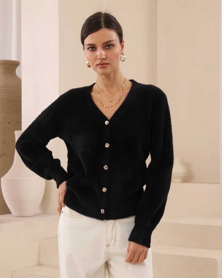 Fuzzy V-Neck Button Cardigan — Black