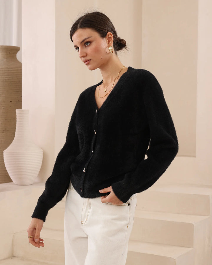 Fuzzy V-Neck Button Cardigan — Black
