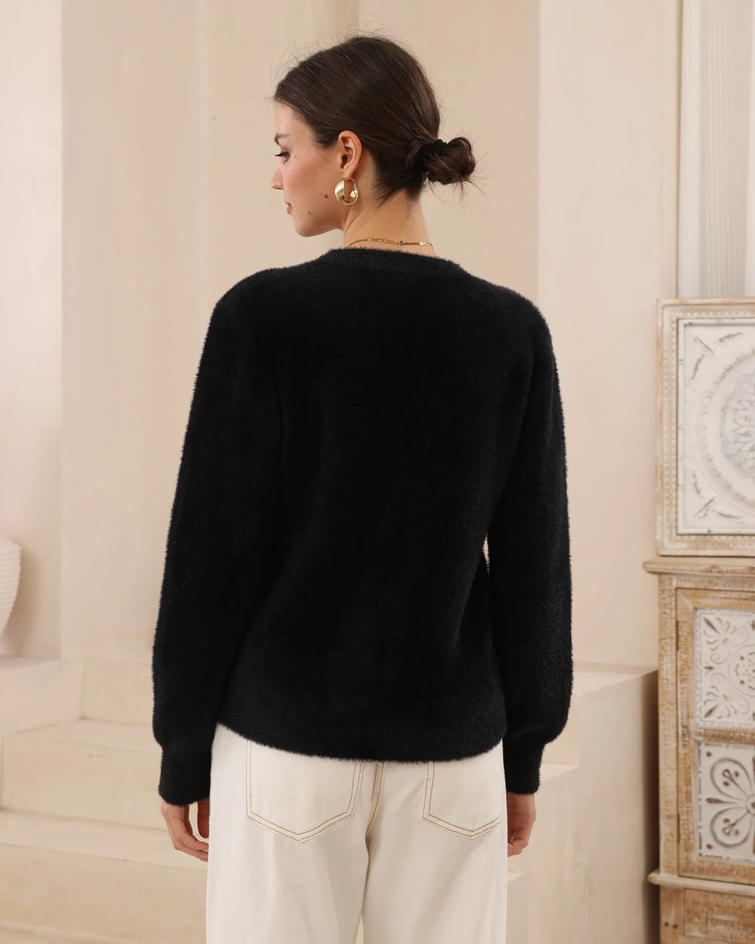 Fuzzy V-Neck Button Cardigan — Black