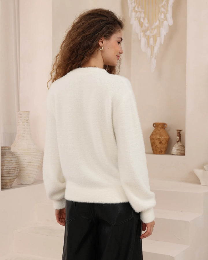 Fuzzy V-Neck Button Cardigan — White