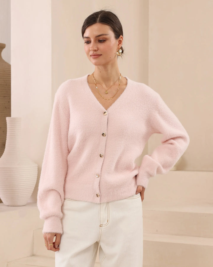 Fuzzy V-Neck Button Cardigan — Baby Pink