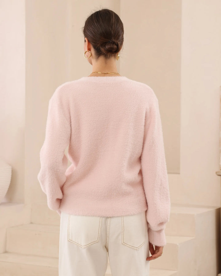 Fuzzy V-Neck Button Cardigan — Baby Pink