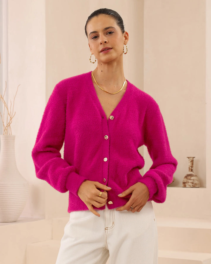 Fuzzy V-Neck Button Cardigan — Fuchsia