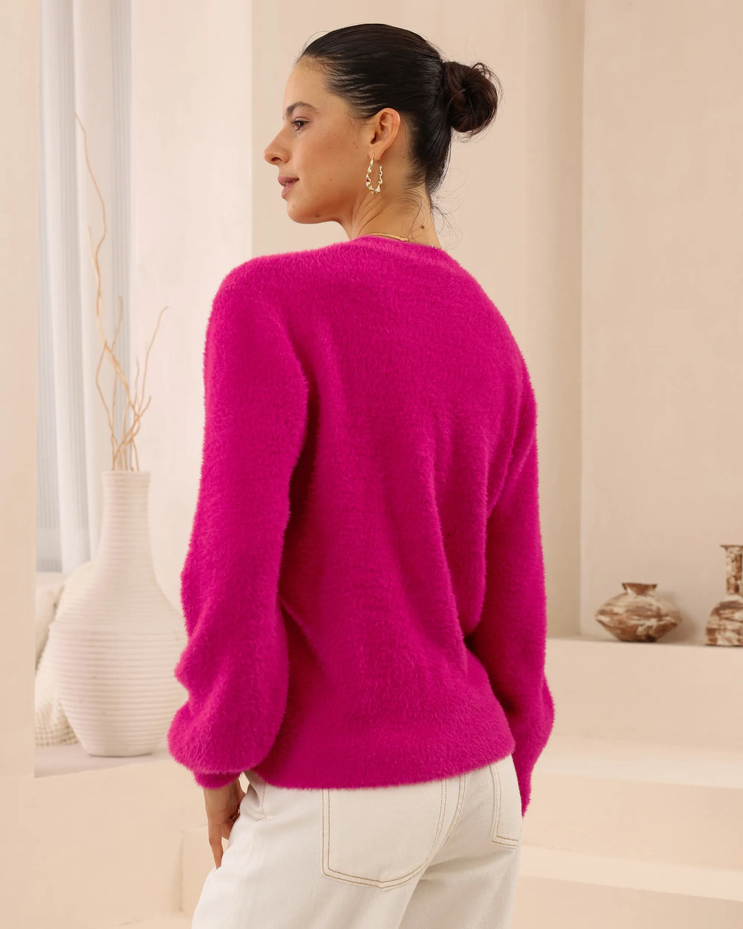 Fuzzy V-Neck Button Cardigan — Fuchsia