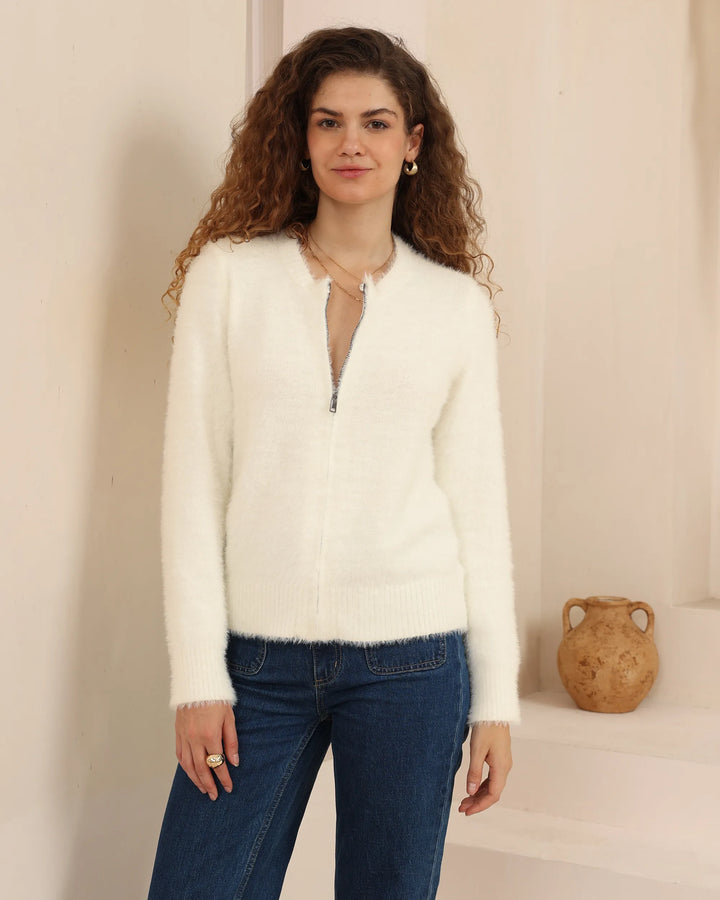 Fuzzy Zip-Front Cardigan Jacket — White