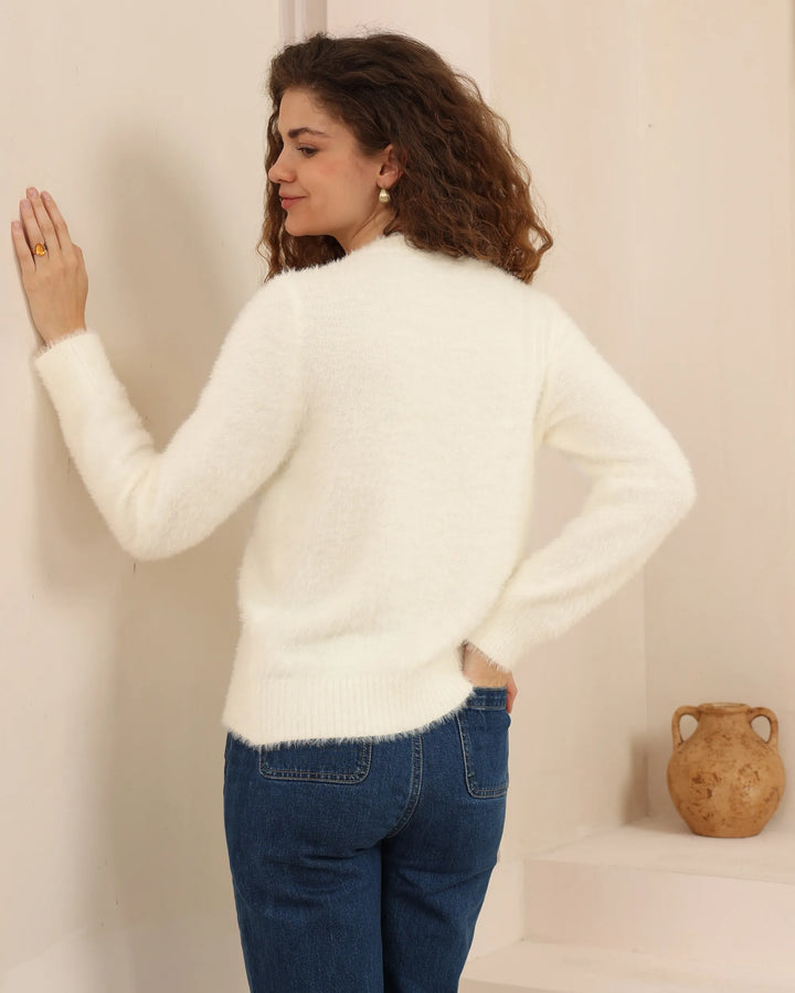 Fuzzy Zip-Front Cardigan Jacket — White