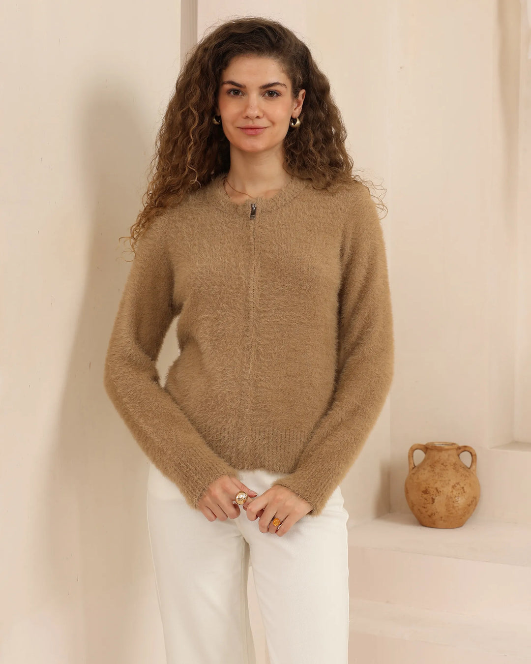 Fuzzy Zip-Front Cardigan Jacket — Camel